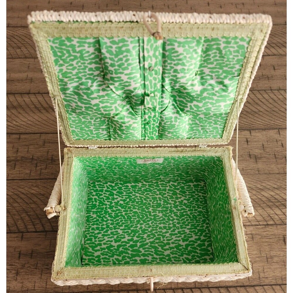 Vintage Sewing Box Basket Satin Lined Dritz Woven Wicker Handled 10 x 7.5 x 5.75